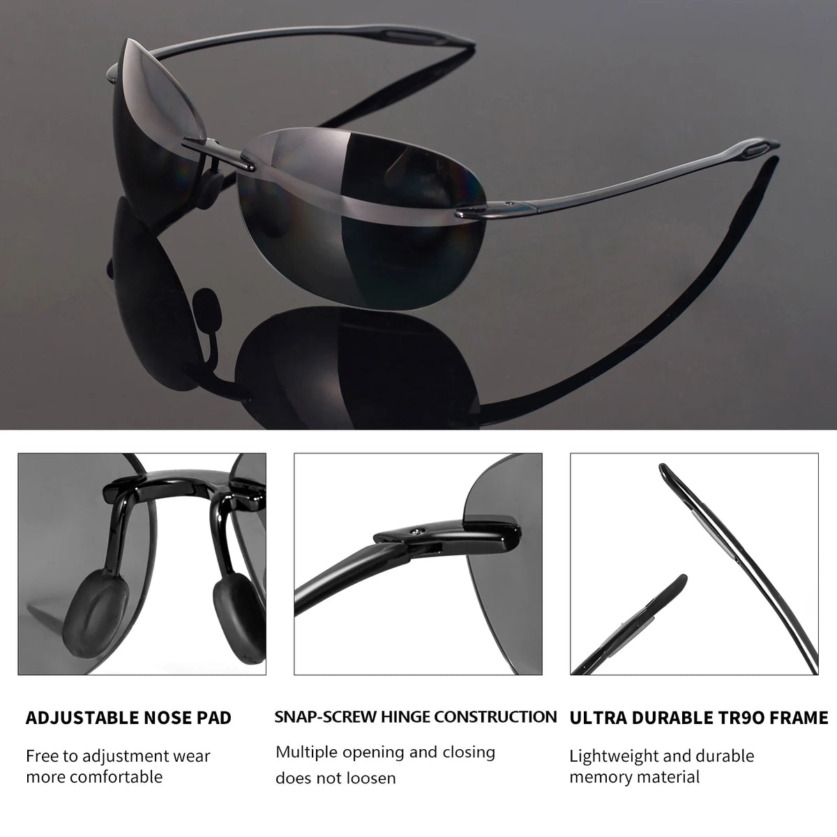 Black rimless polarized sport sunglasses shown with close-ups of the adjustable nose pad, snap-screw hinge construction, and 