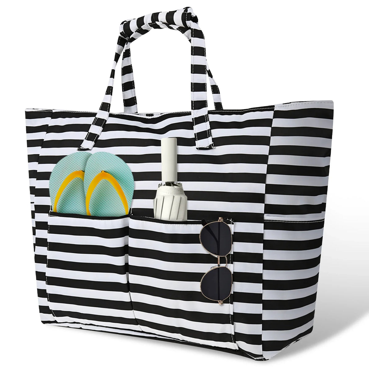 Sac fourre-tout rayé noir et blanc, imperméable avec poche pour articles mouillés.