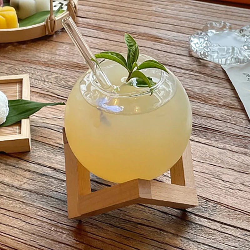 Verre à Cocktail Sphérique en Verre avec Base en Bois
