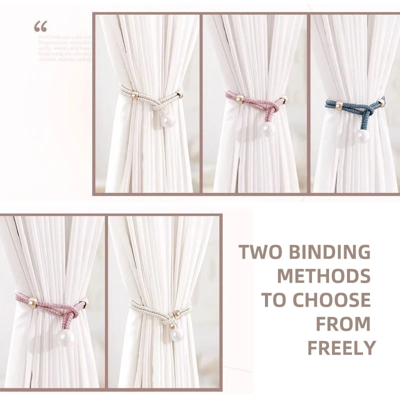 Two sets of pearl and rope curtain tie-backs in pink and blue colors shown against a white background.