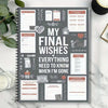 A spiral-bound planner titled My Final Wishes with sections for advance directives, end of letters, and final wishes.
