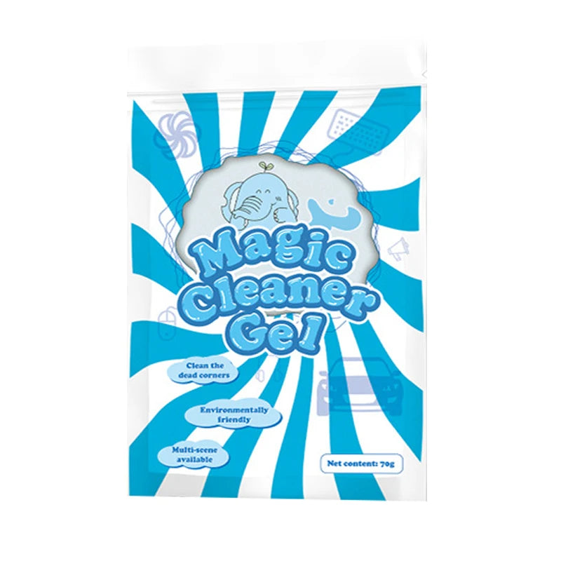 Pouch of Magic Cleaner Gel with blue and white stripes and text indicating it is environmentally friendly and multi-scene ava