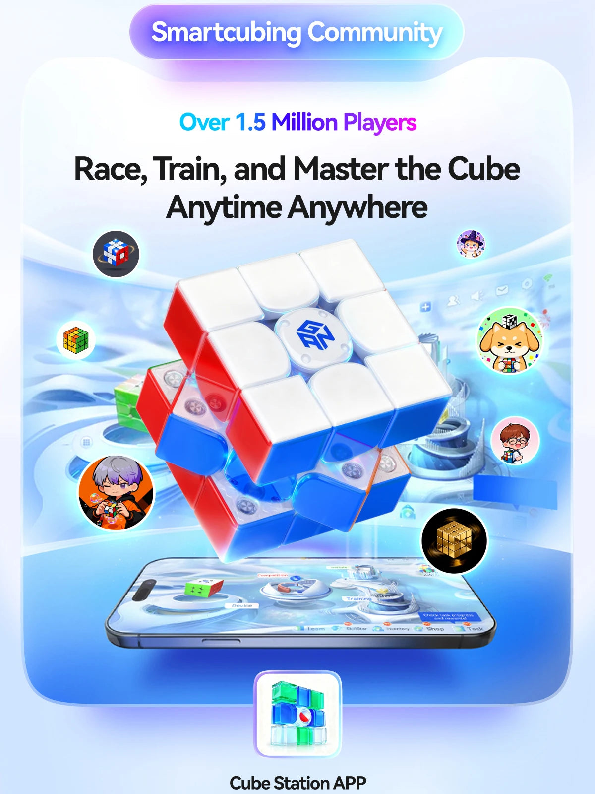 A promotional image for the GAN i4 Smart Speed Cube highlighting its community, features, and connectivity via an app.