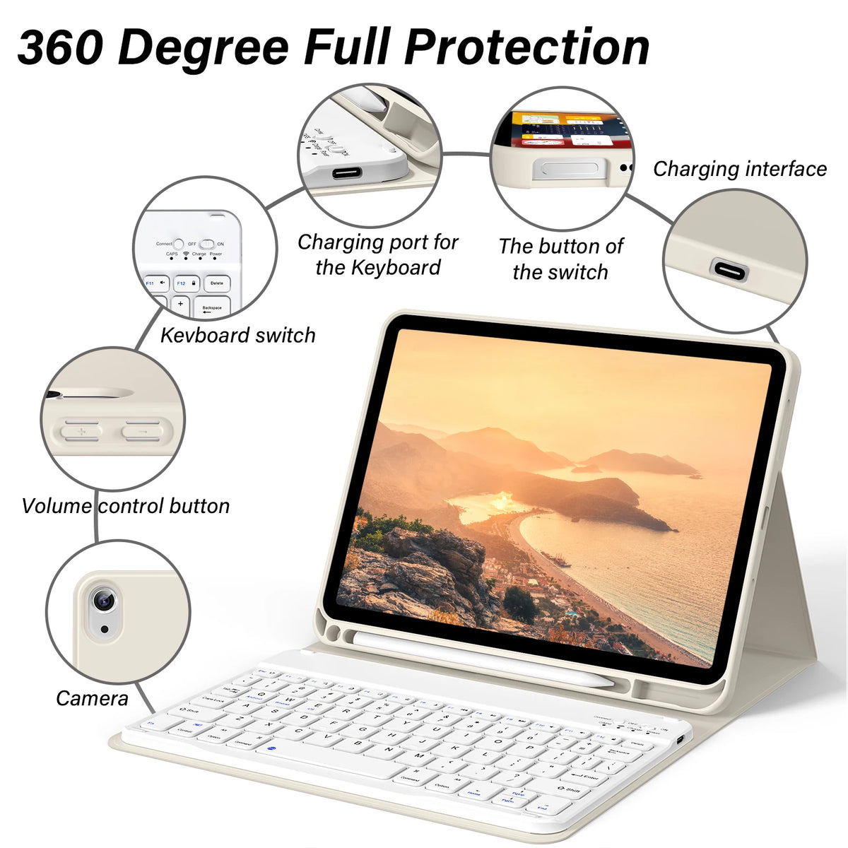Laptop-Halterung mit 360-Grad-Schutz, Ladeanschluss, Tastenschalter und Lautstärkeregler
