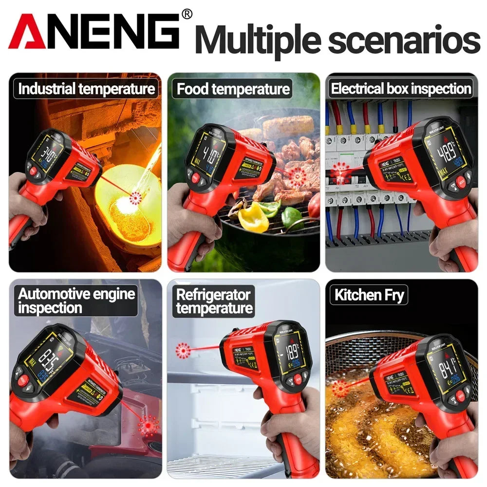 A collection of ANENG infrared thermometers used for various inspections including industrial, food, electrical box, automoti