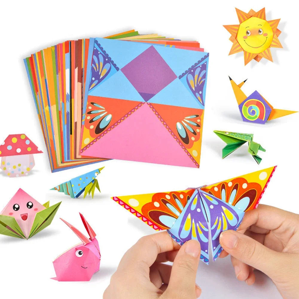 A colorful kit of animal origami crafts including paper shapes and a sun cutout.