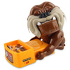 A plastic figurine of a pirate character with a brown beard and hat sitting on an orange electronic game board.