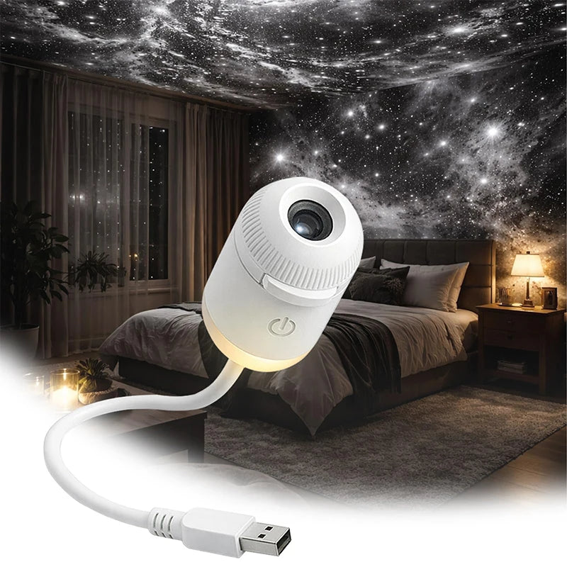 A white mini projector night light with a flexible cord is shown illuminating a bedroom scene under a starry sky backdrop.