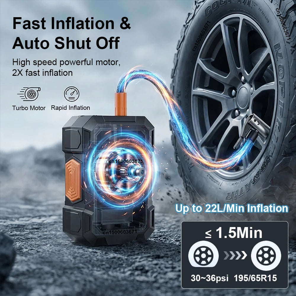 Portable cordless tire inflator showing a bright blue inflation stream into a tire, with specifications for inflation time an