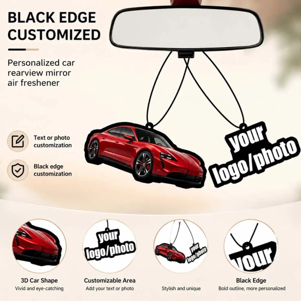 Black edge customized rearview mirror air freshener with a red car silhouette