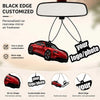 Black edge customized rearview mirror air freshener featuring a red car silhouette and personalized text