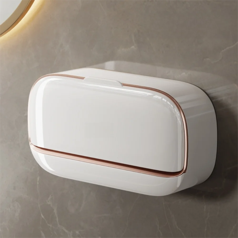 A white wall mounted waterproof soap dish with a copper trim is displayed against a gray wall.