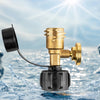 A gold digital propane tank gauge with a leak detector floats on the surface of blue water under bright sunlight.