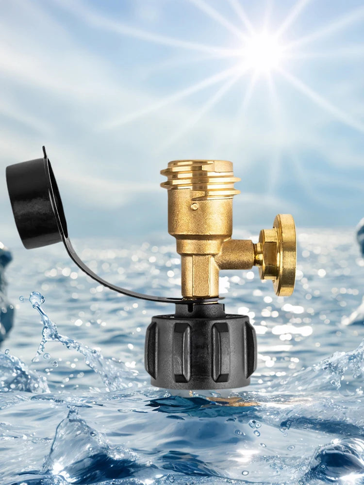 A gold digital propane tank gauge with a leak detector floats on the surface of blue water under bright sunlight.