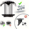 Stainless steel bathtub drain featuring a mesh hair catcher and a 304 grade certification mark.