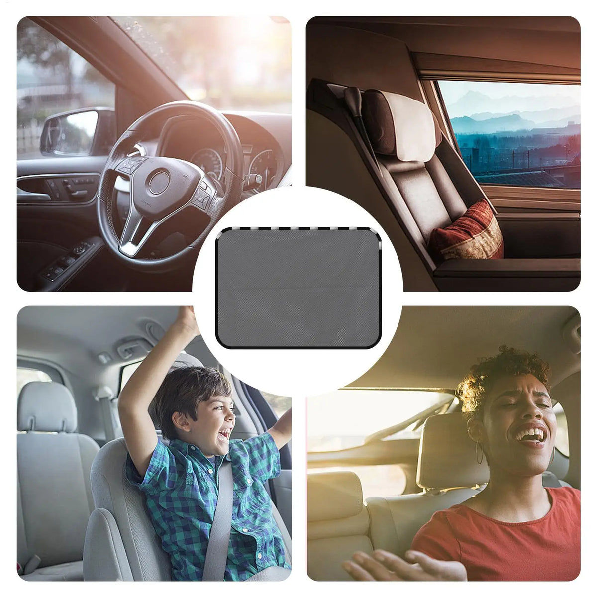 A collection of images showing magnetic car window sunshades and their use in a vehicle interior.