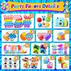 Assortment of kids party favors including snap bracelets, fidget toys, and other small toys in various colors.