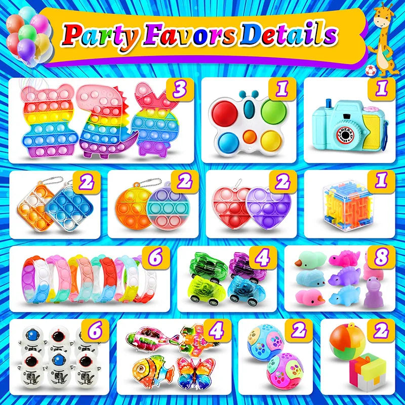Assortment of kids party favors including snap bracelets, fidget toys, and other small toys in various colors.
