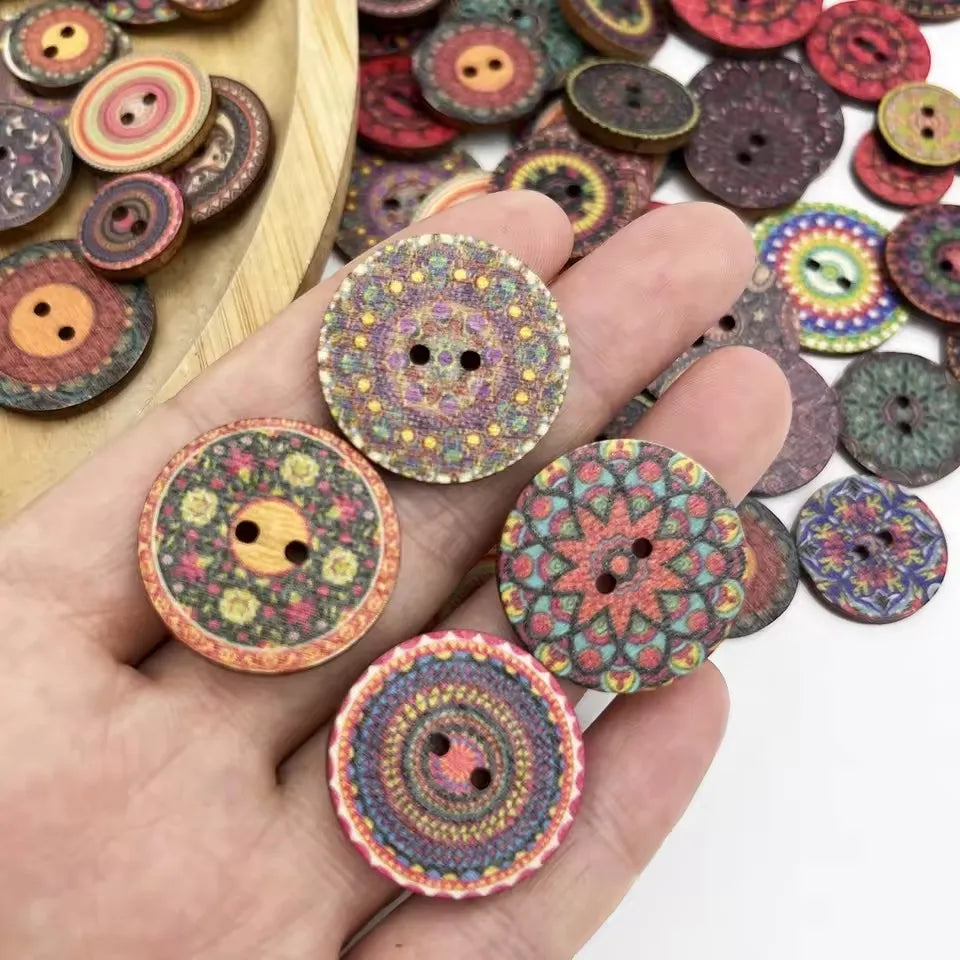 Vintage Wooden Buttons Assortment with Floral Designs