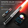 A silver lightsaber with a color-changing blade is shown next to a smartphone demonstrating its operation.