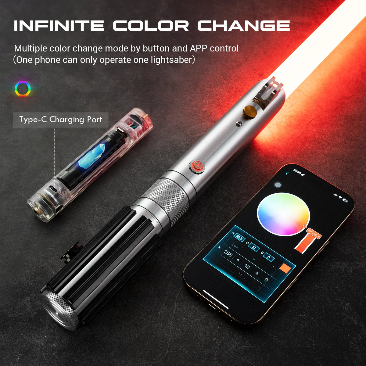 A silver lightsaber with a color-changing blade is shown next to a smartphone demonstrating its operation.