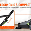 A black walk-behind push floor sweeper with an adjustable handle and cleaning attachments.