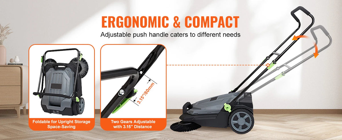 A black walk-behind push floor sweeper with an adjustable handle and cleaning attachments.