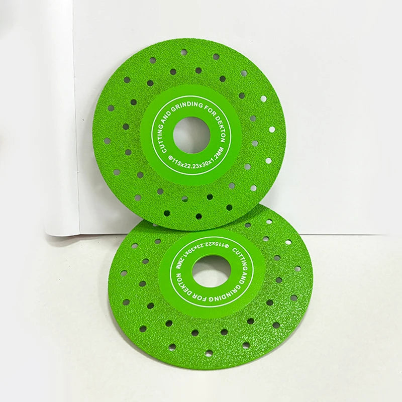 Two bright green diamond cutting and grinding blades for tile, stone, and glass