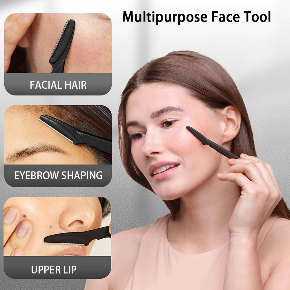 A woman is using a multipurpose face tool for facial hair, eyebrow shaping, and upper lip grooming.