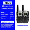 Two black PMR446 version walkie talkies with flashlights and battery compartment