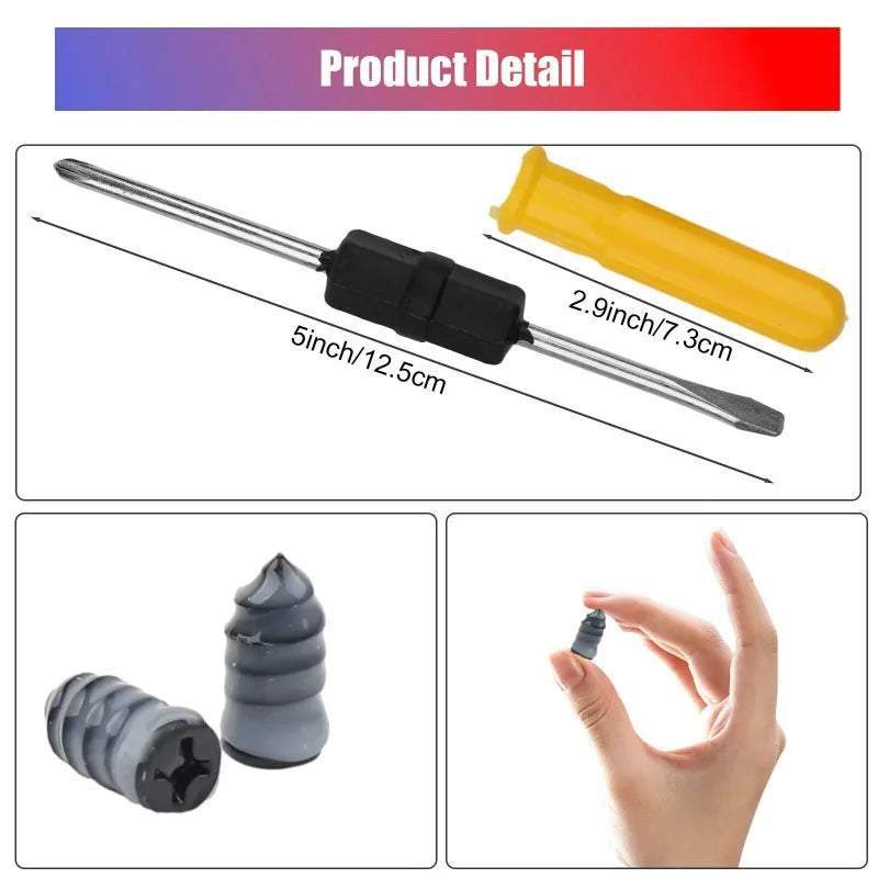 A tubeless tire puncture repair kit showing a screwdriver and storage case components.