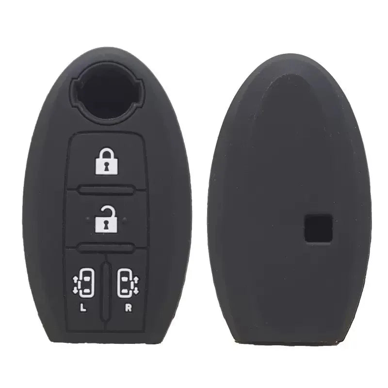 Black silicone key fob cover with cutouts for a Nissan vehicle