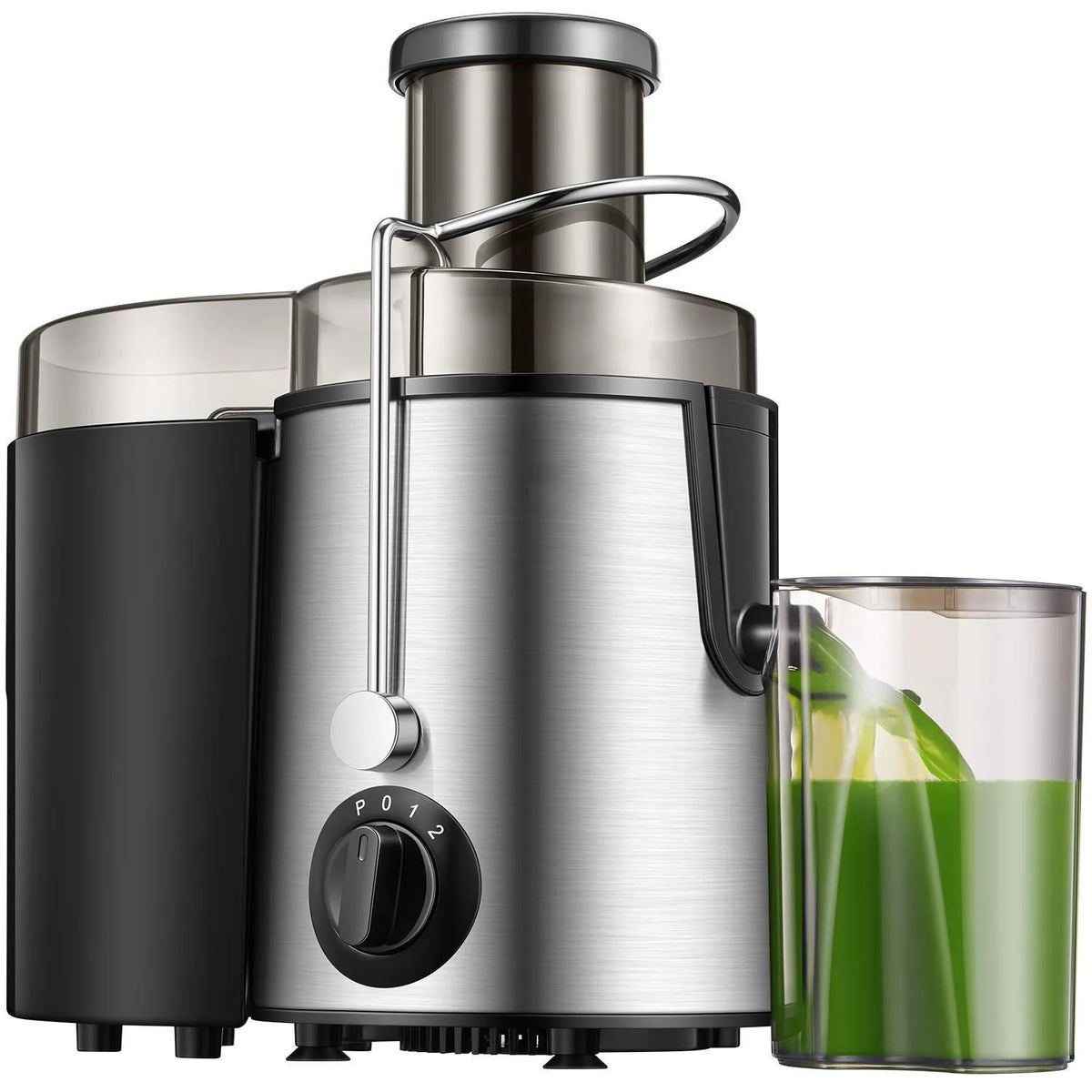 A stainless steel centrifugal juicer with a large feed tube and a glass container filled with green juice.