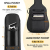 Black acoustic guitar gig bag showing small and large front pockets for accessories and music books
