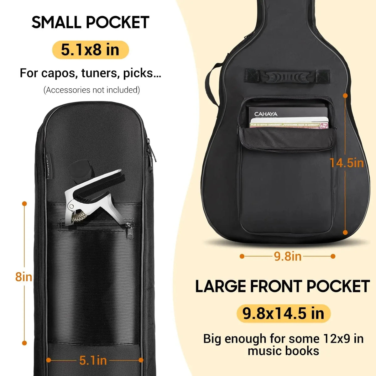 Black acoustic guitar gig bag showing small and large front pockets for accessories and music books