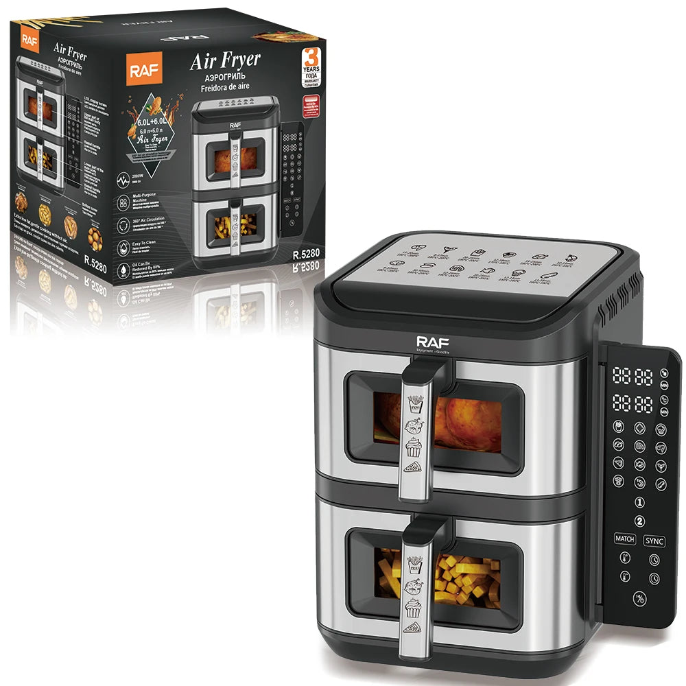 A black dual basket air fryer appliance with stainless steel baskets and a digital control panel.
