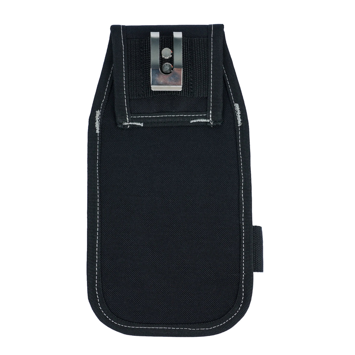 Black compact tool pouch with a metal belt clip and stitching.