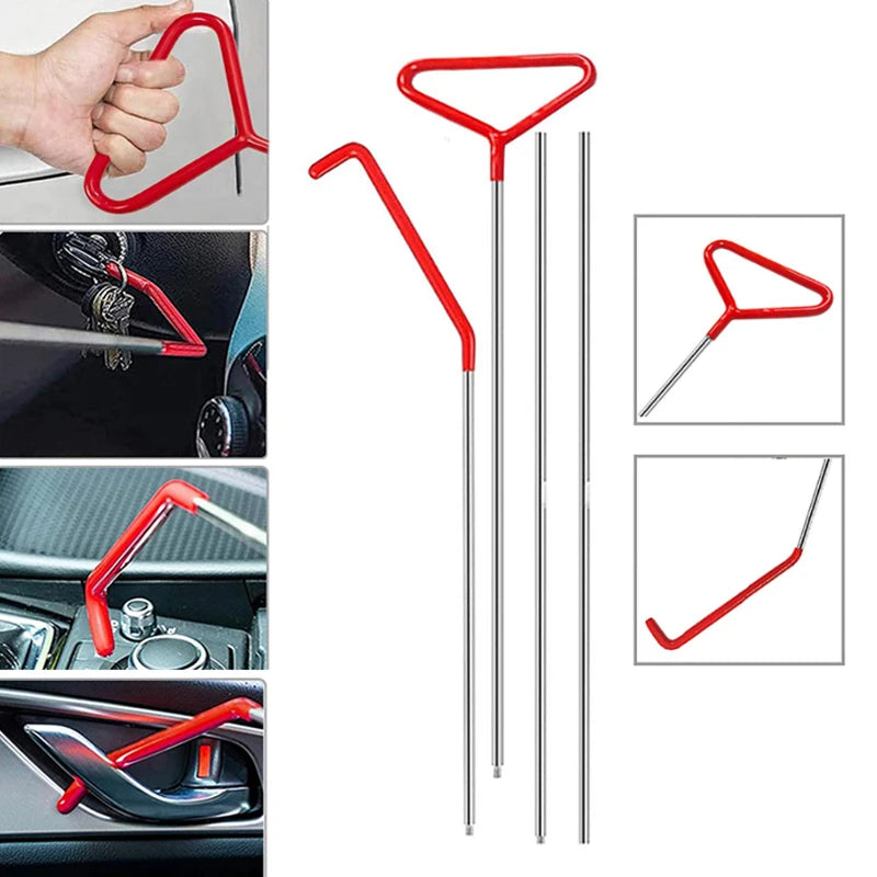 Red emergency car door unlock tool kit with air wedge and grabber tools shown in various angles