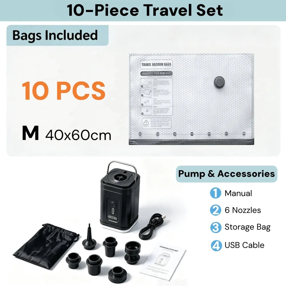 A 10-piece travel set including a vacuum bag, manual, nozzles, storage bag, and USB cable for vacuum storage bags.