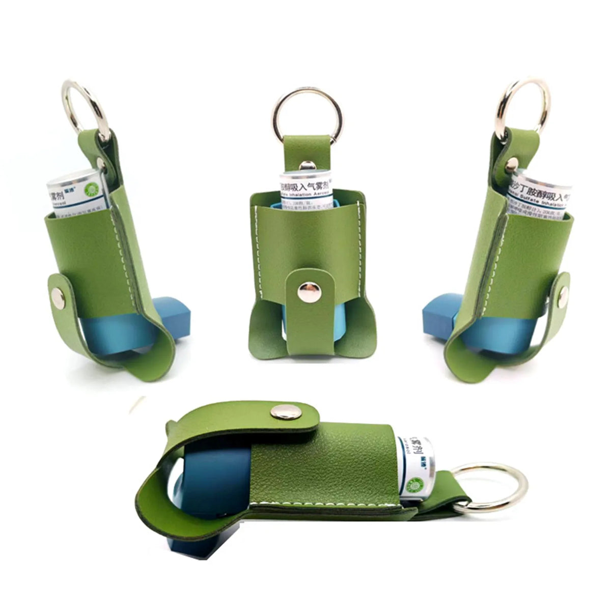 A green protective PU leather inhaler case with a keychain attached, shown in various angles.