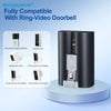 A black Ring Video Doorbell is shown with a silver push mechanism and various compatible cameras.