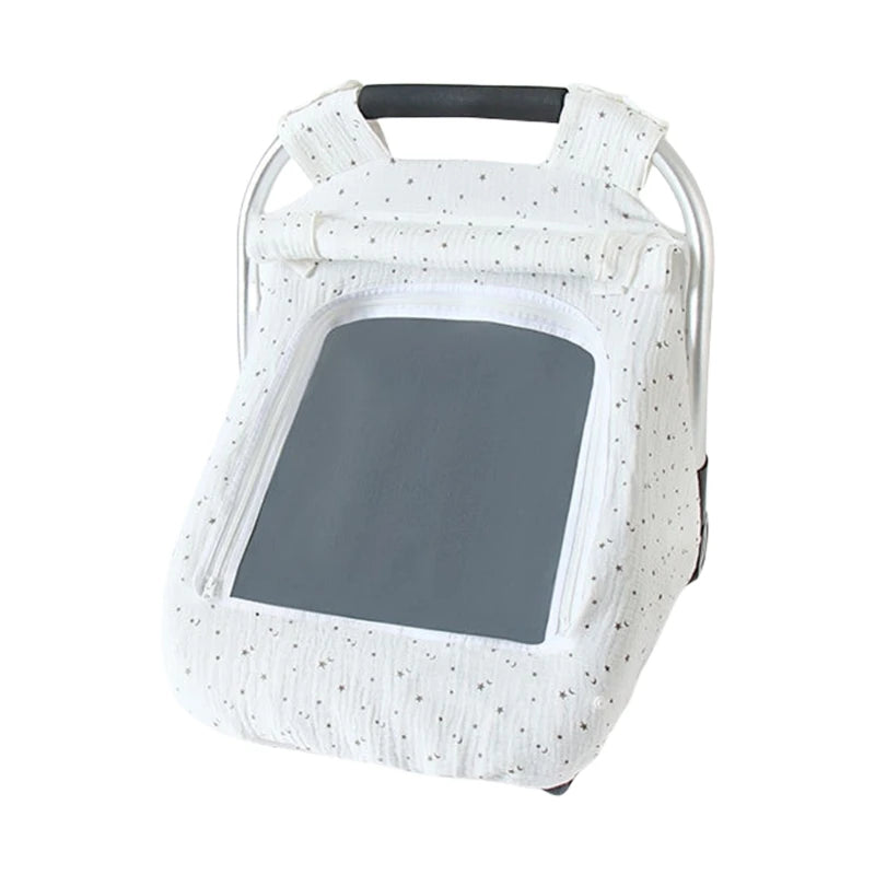 White breathable 2-in-1 car seat cover and mosquito net for babies with a gray window.