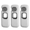 Three white refrigerator locks with hexagonal grips and a rectangular opening are shown.