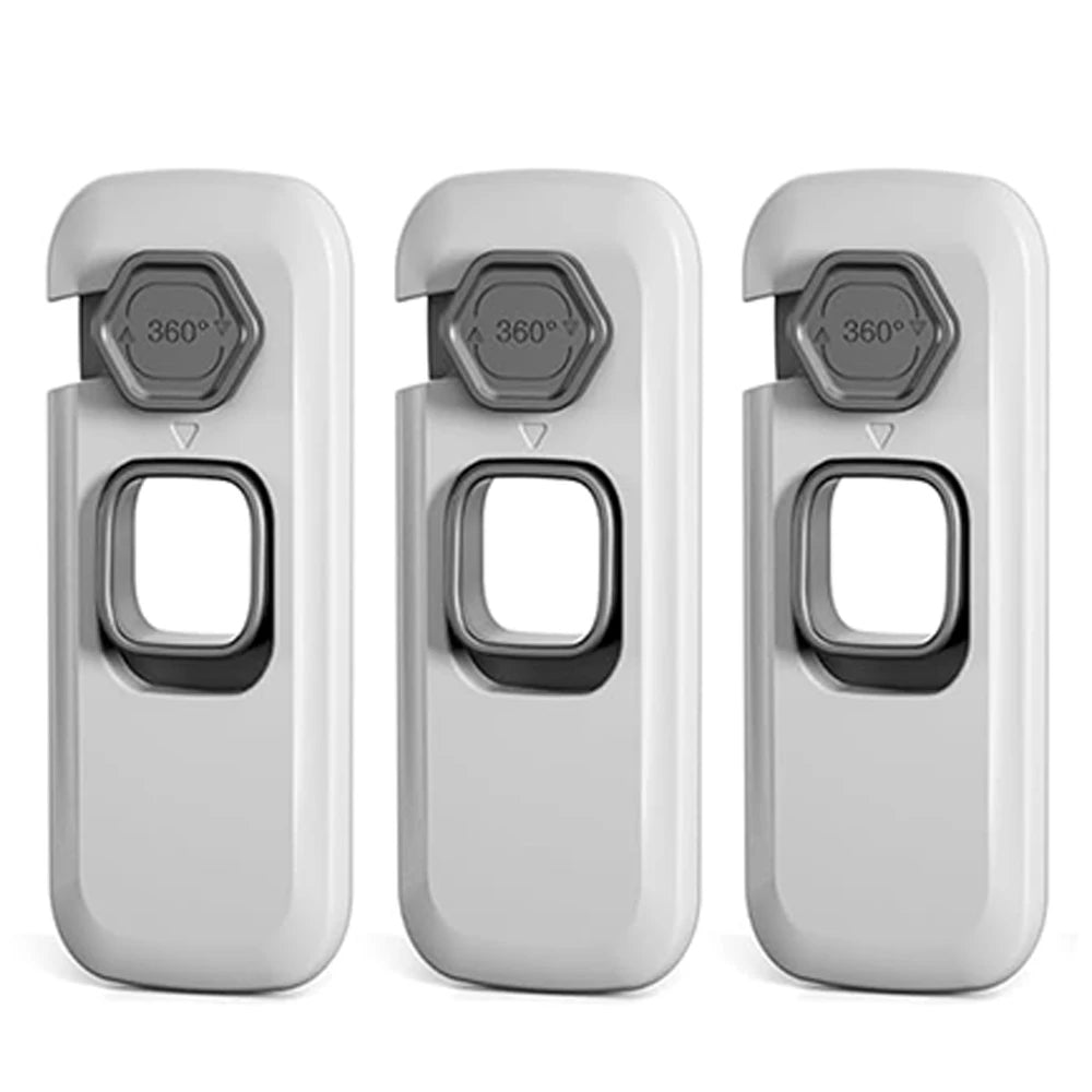 Three white refrigerator locks with hexagonal grips and a rectangular opening are shown.