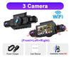 A black dash cam device with three cameras and WiFi connectivity is shown alongside accessories like a power charger, user ma