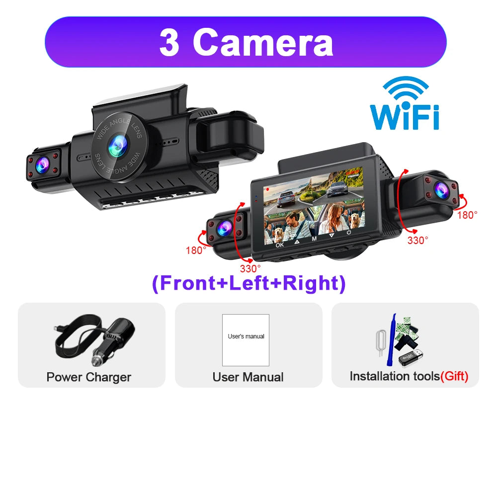 A black dash cam device with three cameras and WiFi connectivity is shown alongside accessories like a power charger, user ma