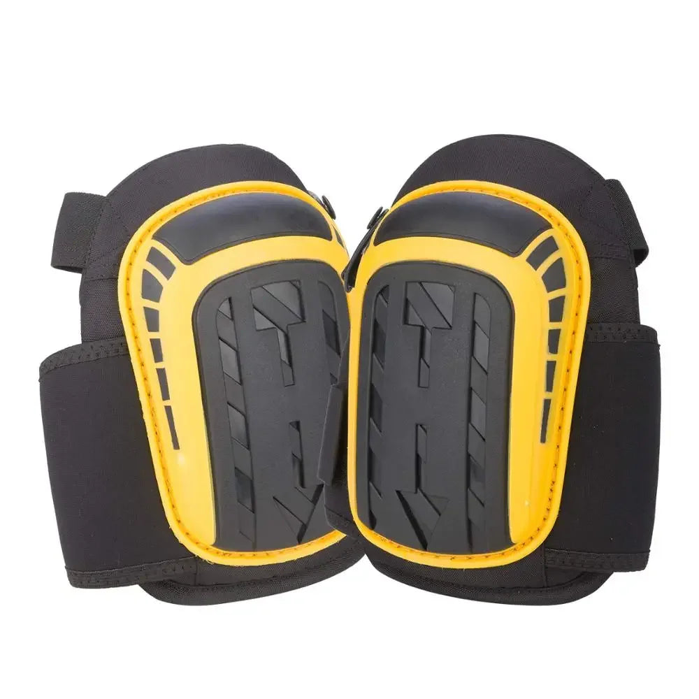 A pair of black and yellow heavy-duty gel knee pads for work and gardening.
