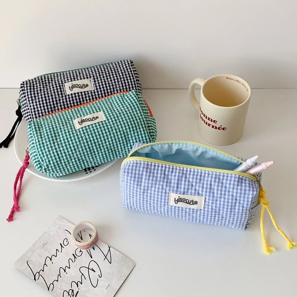 Checkered Pencil Case – Large Capacity Storage Bag for School & Office