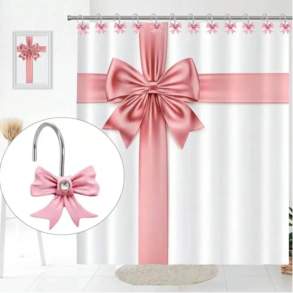 Pink decorative bow tie shower curtain hooks with ribbon and hanger set