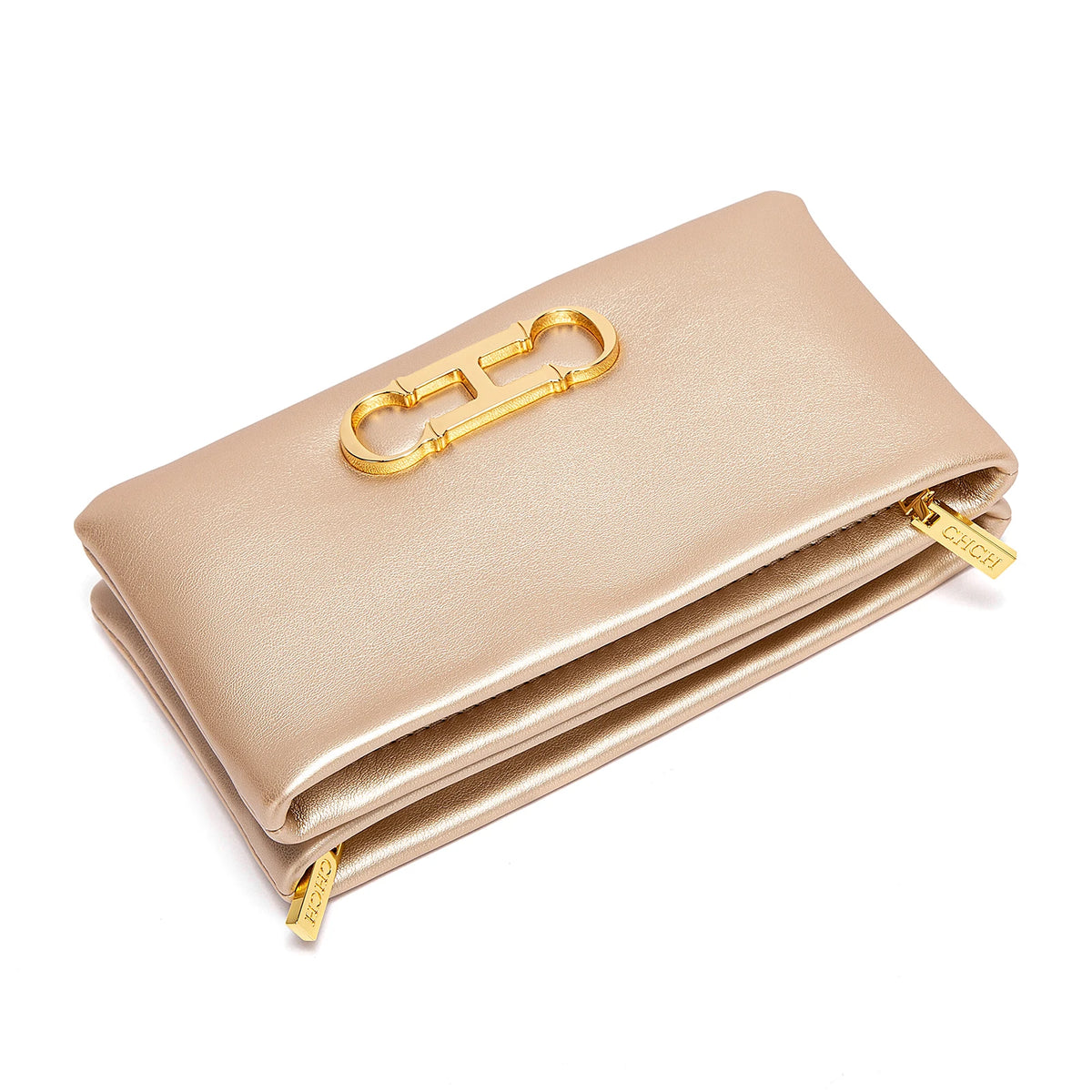 A tan leather compact zipper wallet and clutch with gold-toned hardware.